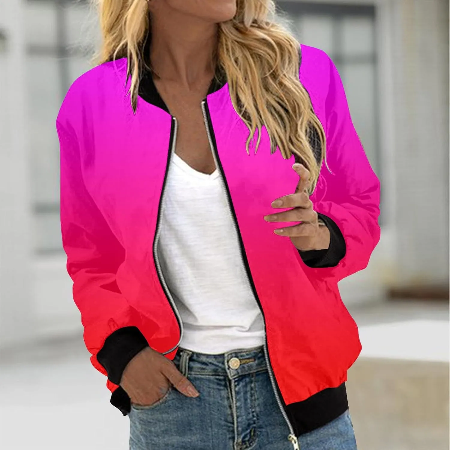 Women Fall Trendy Bomber Jacket Stand Collar Zip Up Windproof Floral Outerwears Long Sleeve Loose Casual Y2K Outwears
