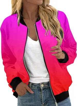 Women Fall Trendy Bomber Jacket Stand Collar Zip Up Windproof Floral Outerwears Long Sleeve Loose Casual Y2K Outwears