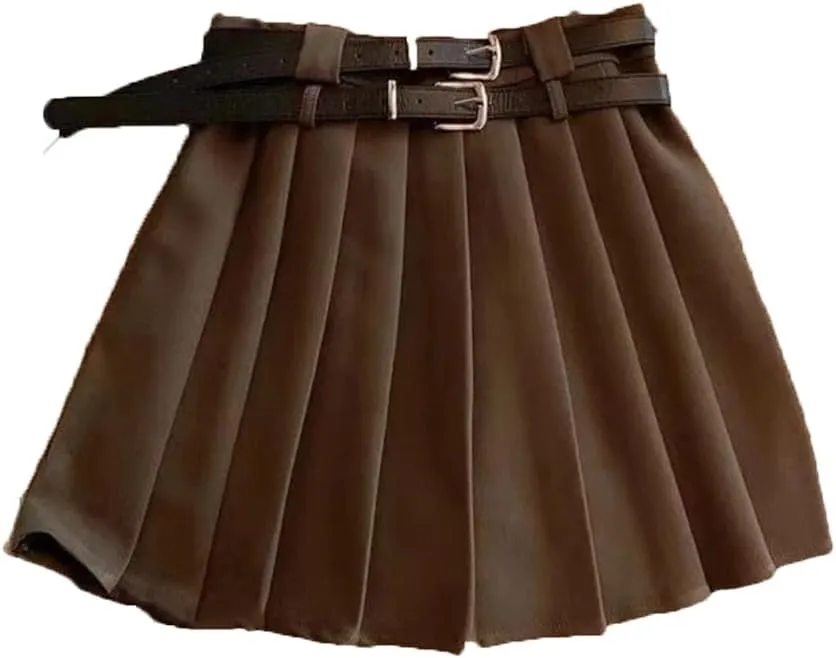Women Fashion Double Belt High Waisted Pleated Skirt Vintage Mini Skirts