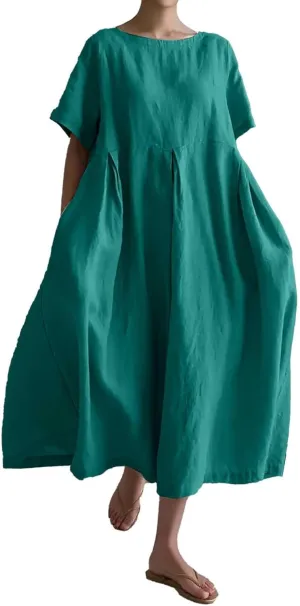Women Fashion Solid Loose Dress Pullover Round Neck Over The Knee Long Skirt Womens Jean Shirt Dress
