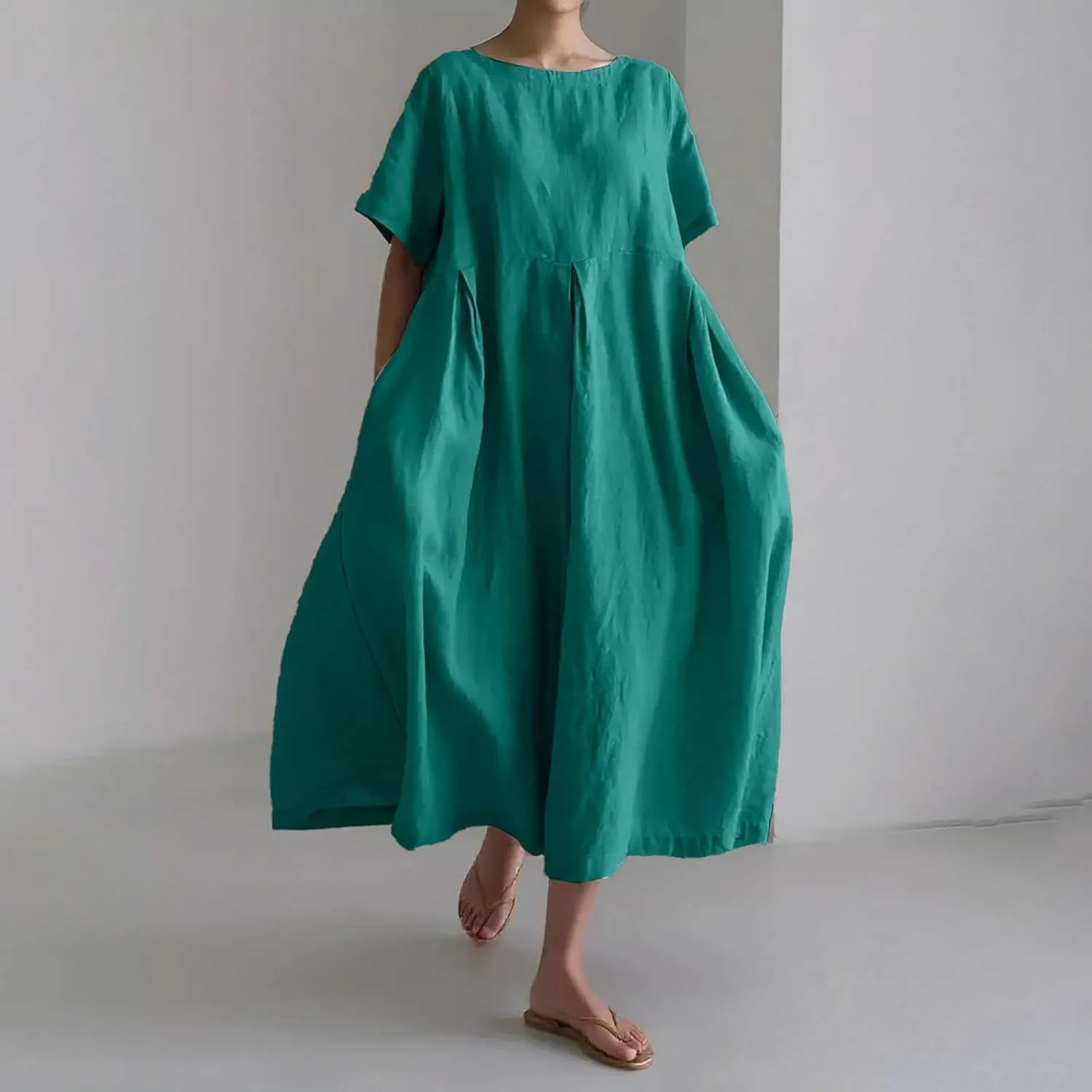 Women Fashion Solid Loose Dress Pullover Round Neck Over The Knee Long Skirt Womens Jean Shirt Dress