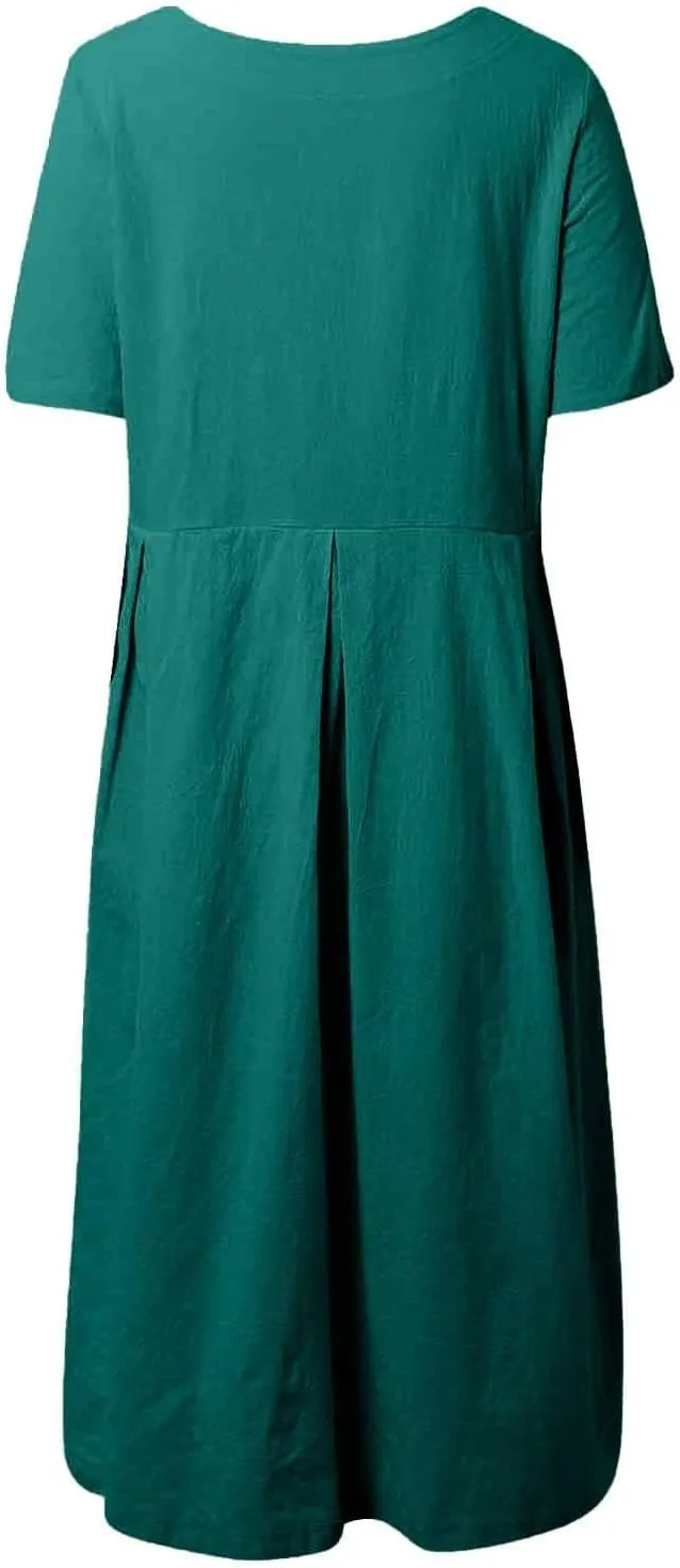 Women Fashion Solid Loose Dress Pullover Round Neck Over The Knee Long Skirt Womens Jean Shirt Dress