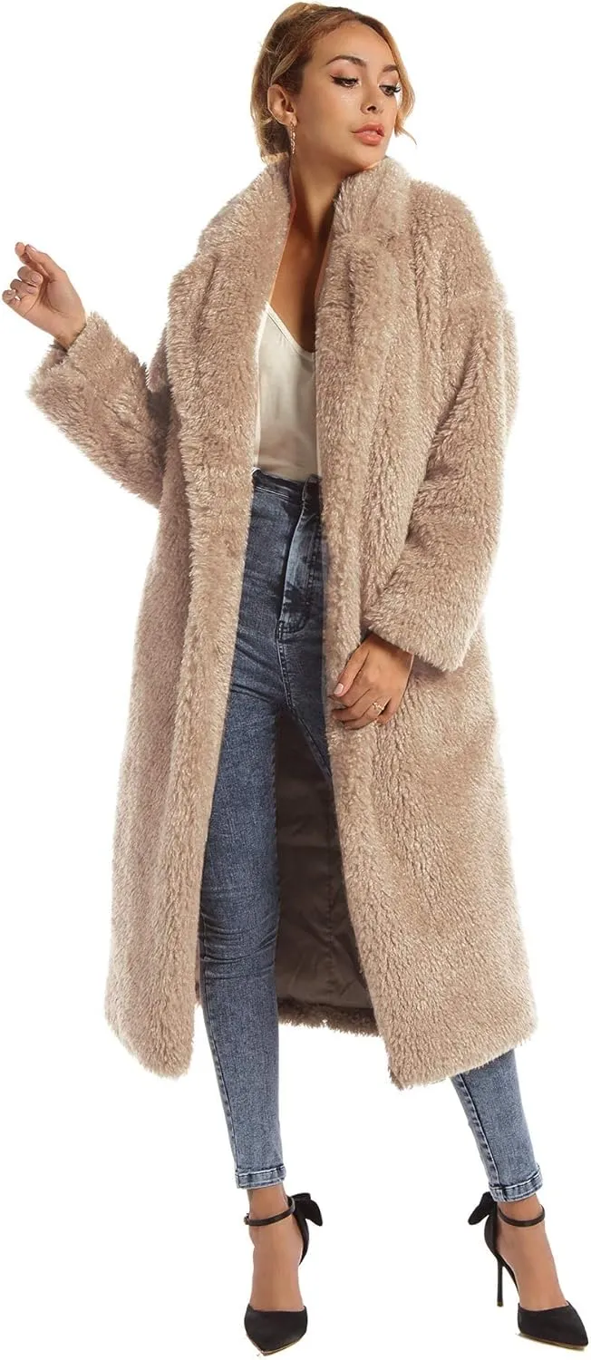 Women Faux Fur Winter Coats Comfort Warm Outerwear Open Front Long Cardigan Overcoat Jacket
