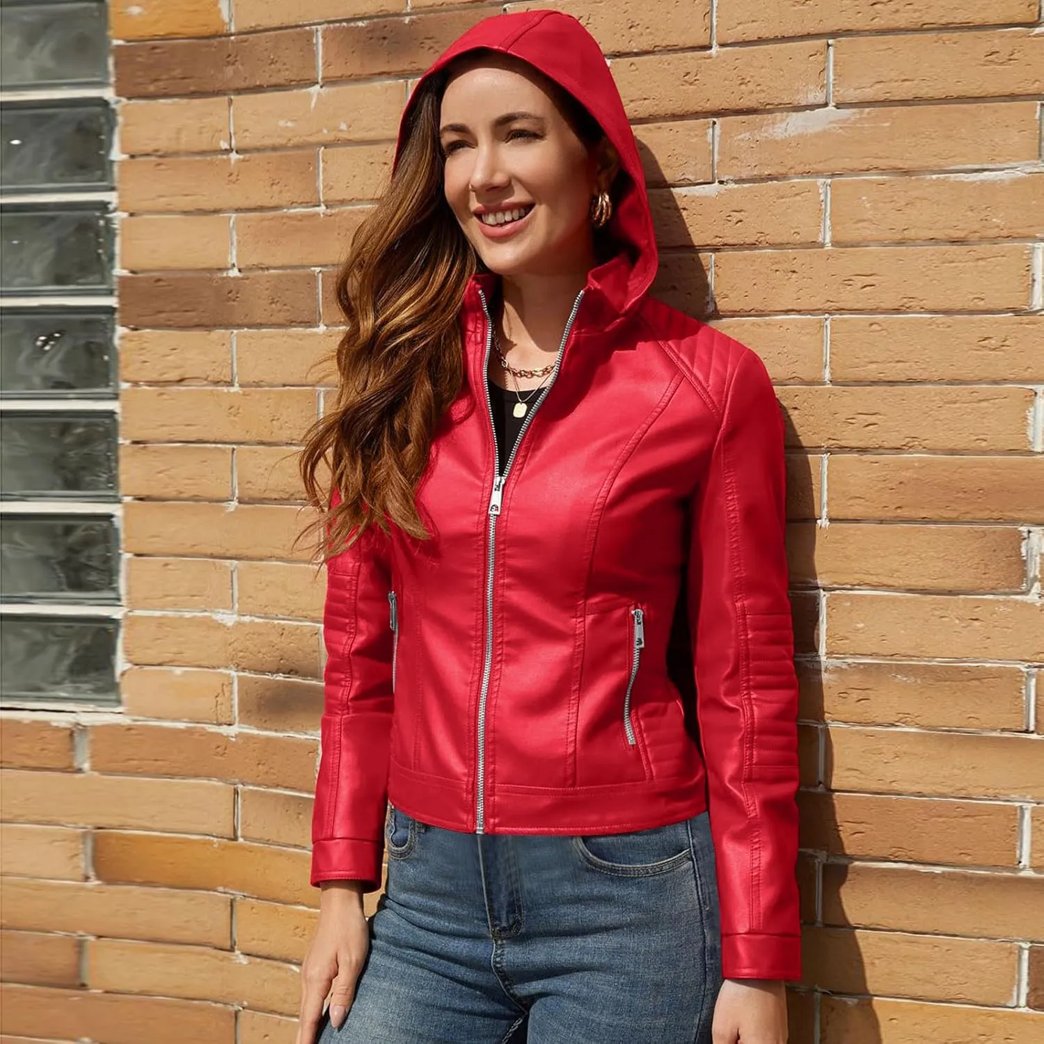 Women Faux Leather Shacket Long Sleeve Zip Up Motorcycle Cropped Jacket Moto Biker Blazer Lapel PU Short Casual Coats