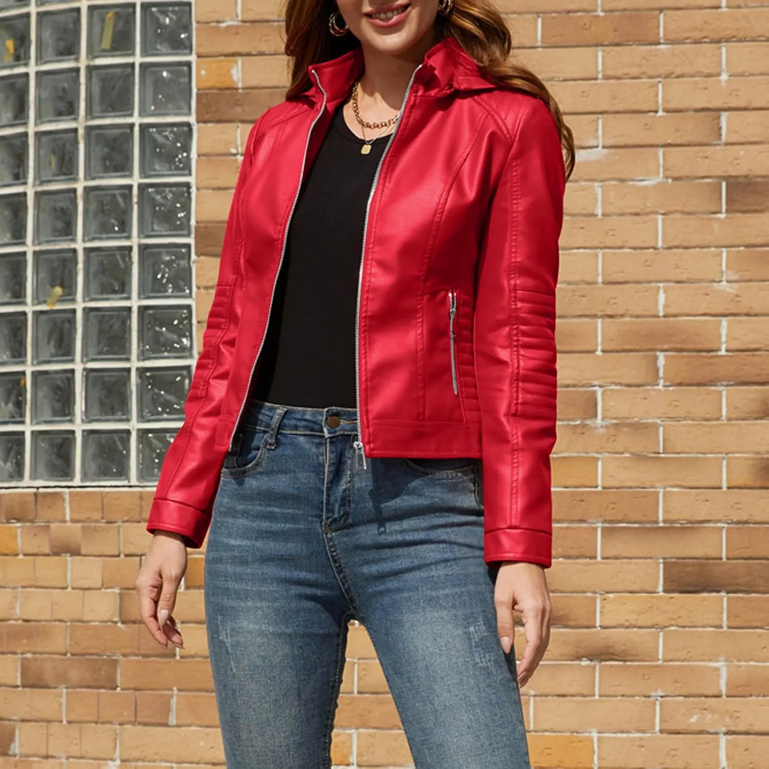 Women Faux Leather Shacket Long Sleeve Zip Up Motorcycle Cropped Jacket Moto Biker Blazer Lapel PU Short Casual Coats