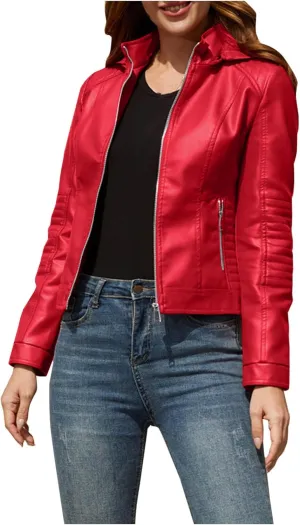 Women Faux Leather Shacket Long Sleeve Zip Up Motorcycle Cropped Jacket Moto Biker Blazer Lapel PU Short Casual Coats