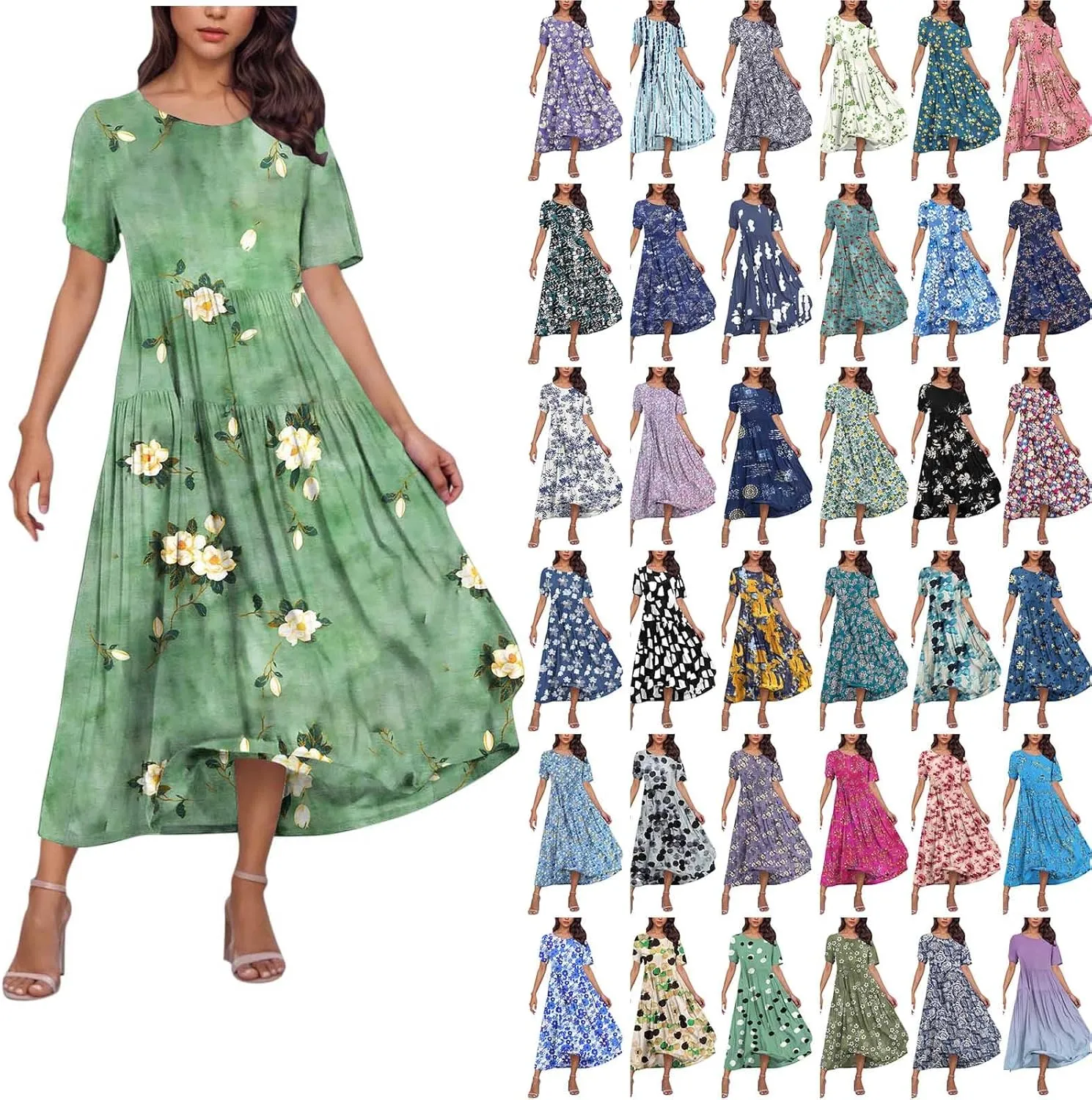 Women Floral Boho Dresses Casual Loose Flowy Sundress Short Sleeve Long Maxi 2025 Summer Beach Swing Dress