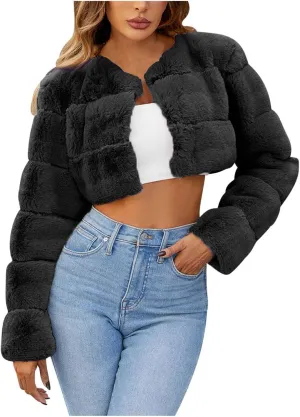 Women Fluffy Faux Fur Cropped Coat Vintage Parka Shaggy Jacket Winter Warm Fuzzy Open Front Jackets Outwear