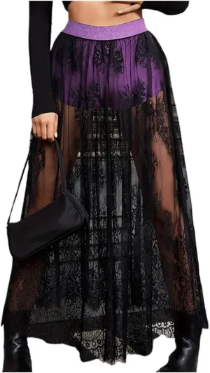 Women Lace Long Skirt A Line High Waist Floral Print Cover Up Maxi Skirt Y2k Solid Sheer Mesh Outfit