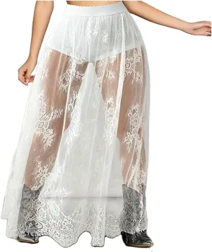 Women Lace Long Skirt A Line High Waist Floral Print Cover Up Maxi Skirt Y2k Solid Sheer Mesh Outfit