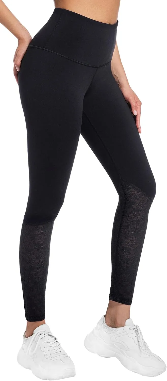Women Lace Yoga Capris with Pockets Tummy Control Workout Capri Leggings Compression Breathable Ideal for Gym Running