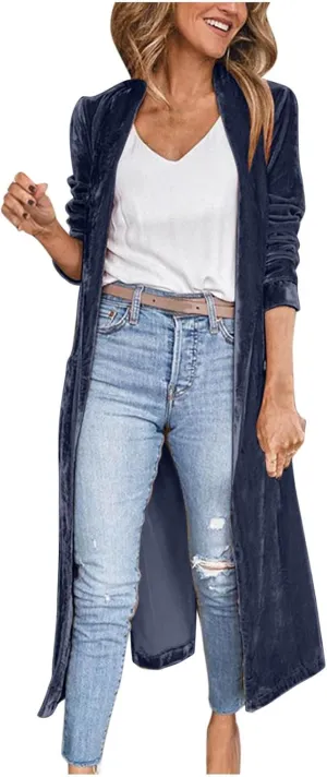 Women Lapel Long Sleeve Velvet Trench Coat Casual Open Front Cardigan Windbreaker Long Jacket Overcoat with Pockets