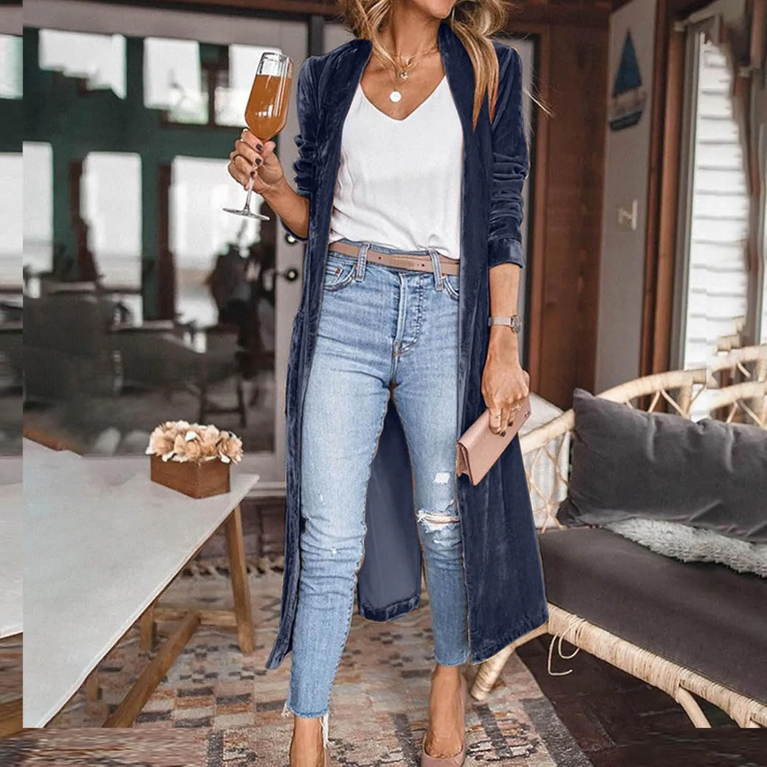 Women Lapel Long Sleeve Velvet Trench Coat Casual Open Front Cardigan Windbreaker Long Jacket Overcoat with Pockets