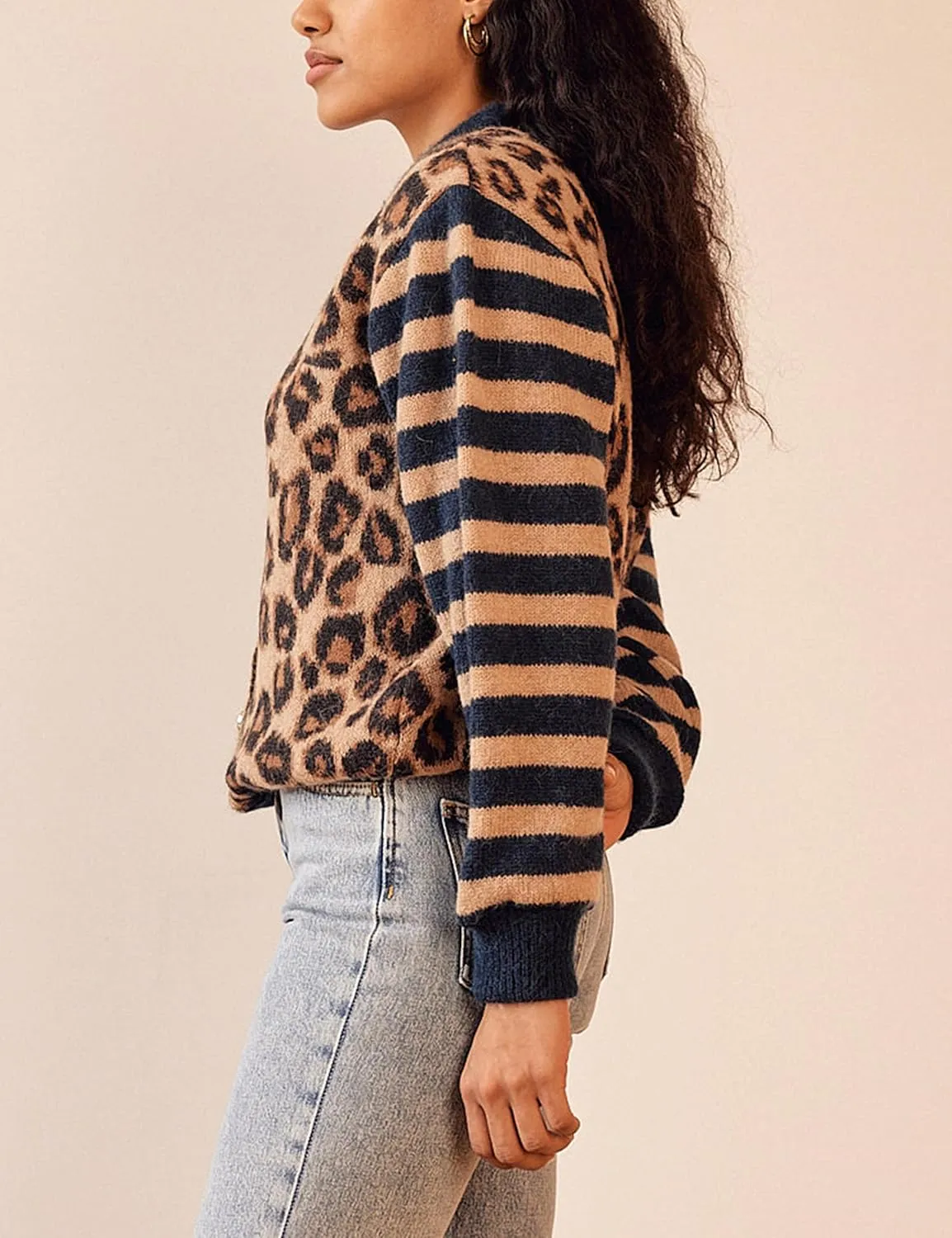 Women Leopard Striped Cardigans Cheetah Print Open Front Button Down Long Sleeve Knit Sweater Fall Outwear Coats