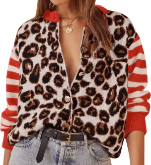Women Leopard Striped Cardigans Cheetah Print Open Front Button Down Long Sleeve Knit Sweater Fall Outwear Coats