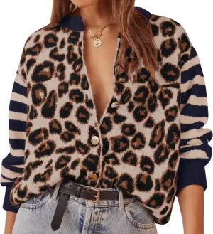 Women Leopard Striped Cardigans Cheetah Print Open Front Button Down Long Sleeve Knit Sweater Fall Outwear Coats