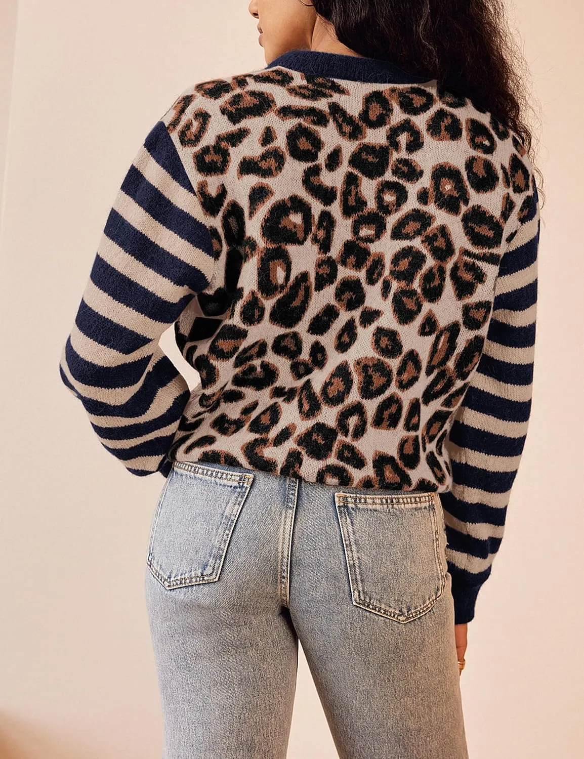 Women Leopard Striped Cardigans Cheetah Print Open Front Button Down Long Sleeve Knit Sweater Fall Outwear Coats