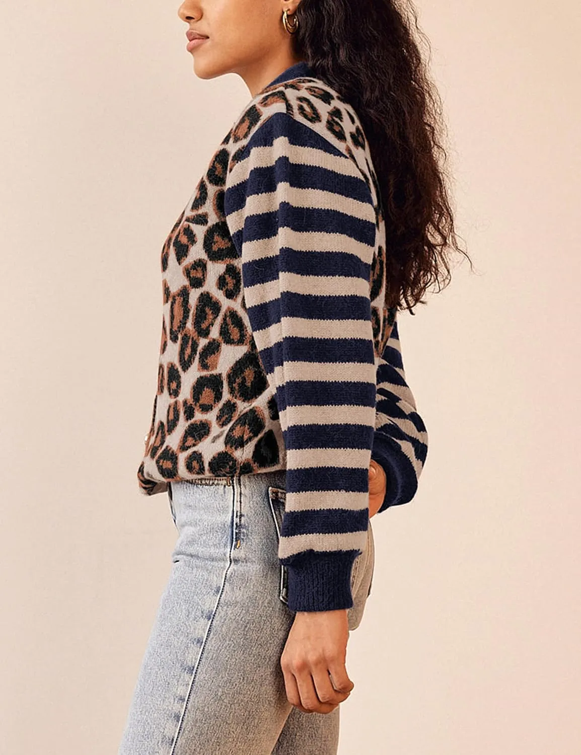 Women Leopard Striped Cardigans Cheetah Print Open Front Button Down Long Sleeve Knit Sweater Fall Outwear Coats