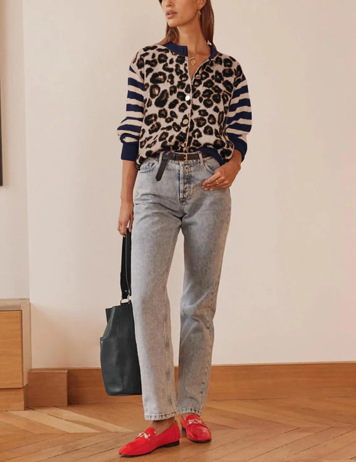 Women Leopard Striped Cardigans Cheetah Print Open Front Button Down Long Sleeve Knit Sweater Fall Outwear Coats