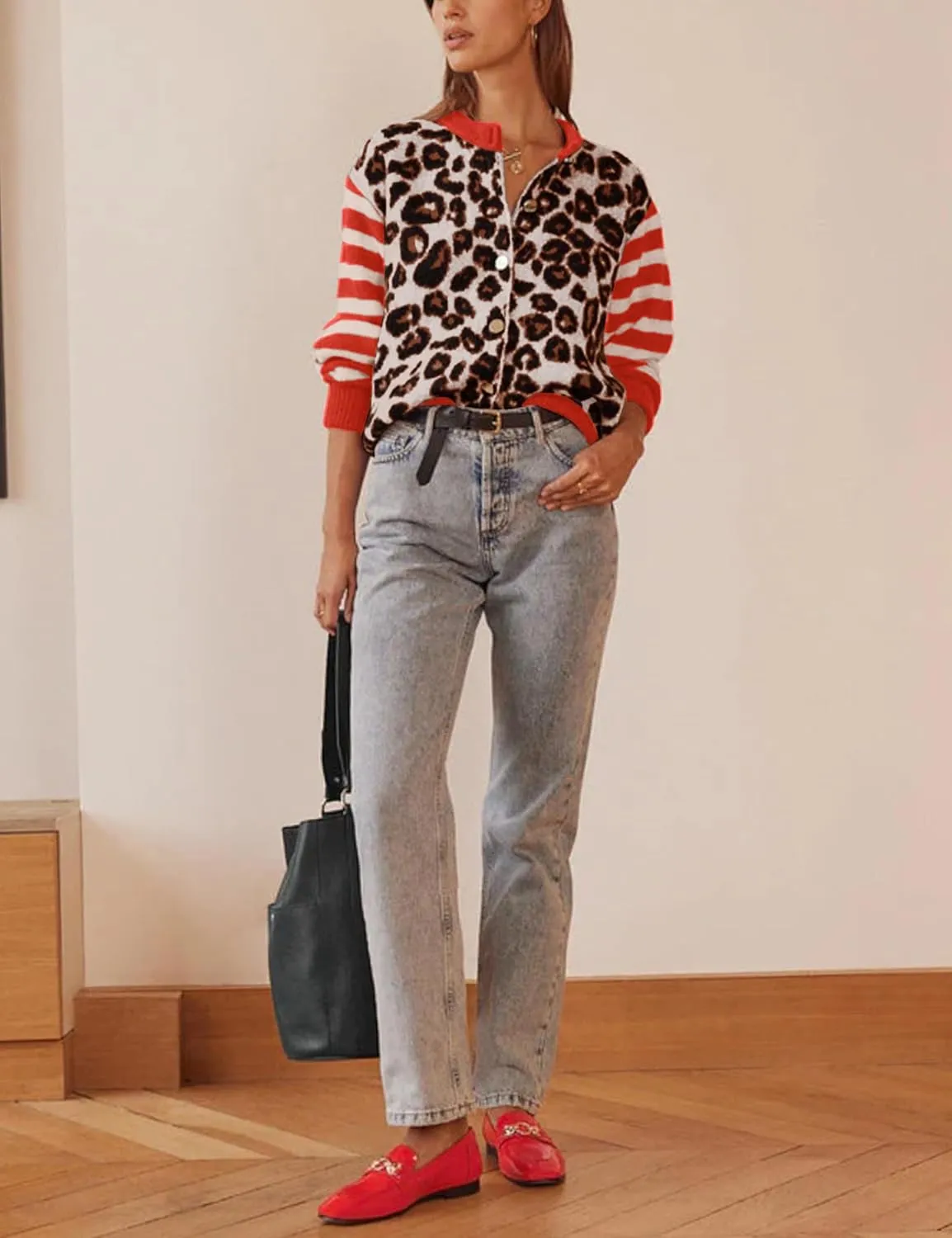Women Leopard Striped Cardigans Cheetah Print Open Front Button Down Long Sleeve Knit Sweater Fall Outwear Coats