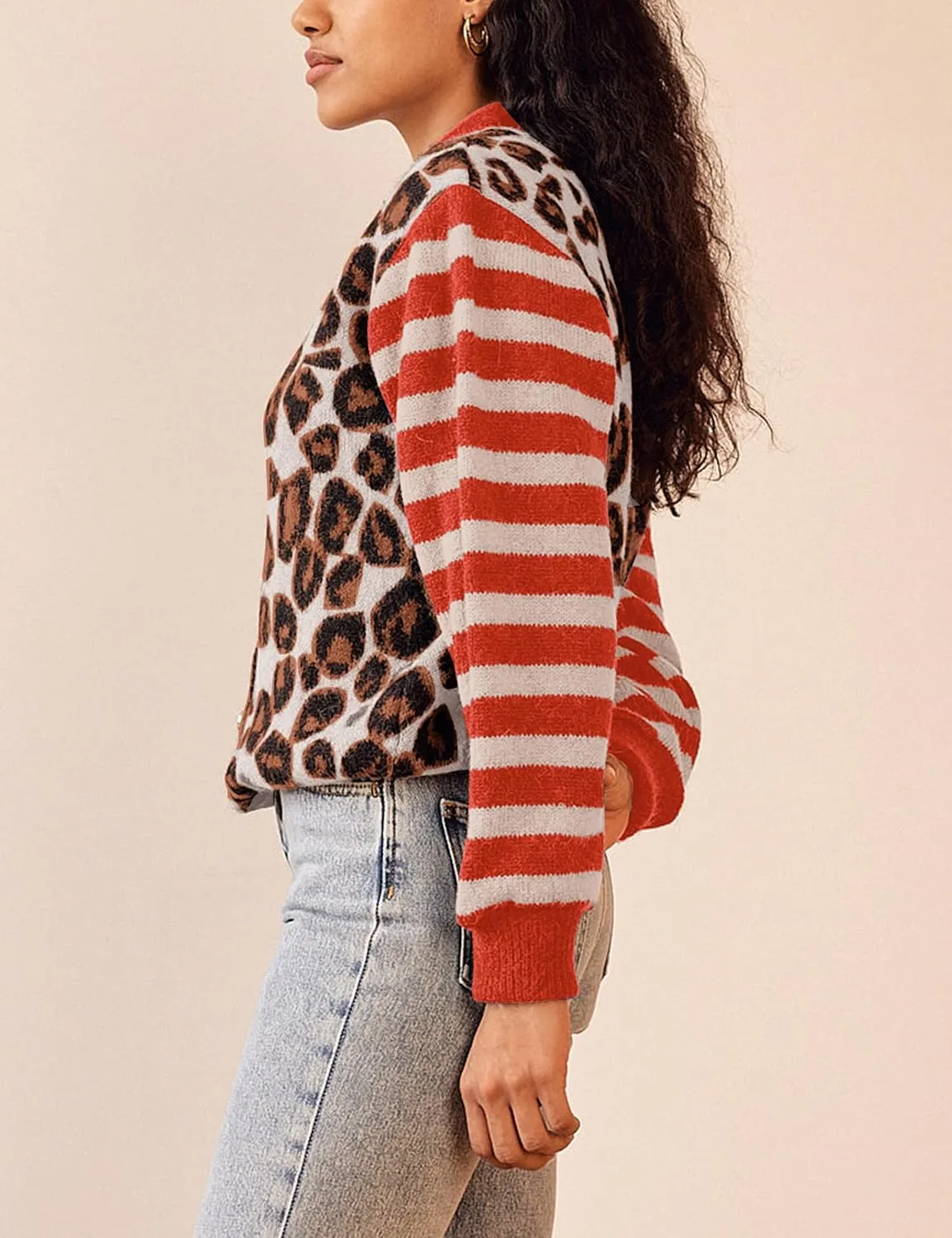 Women Leopard Striped Cardigans Cheetah Print Open Front Button Down Long Sleeve Knit Sweater Fall Outwear Coats