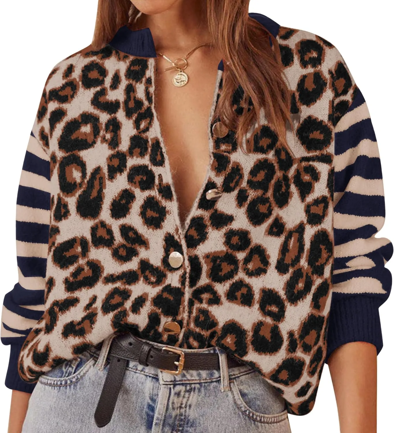 Women Leopard Striped Cardigans Cheetah Print Open Front Button Down Long Sleeve Knit Sweater Fall Outwear Coats