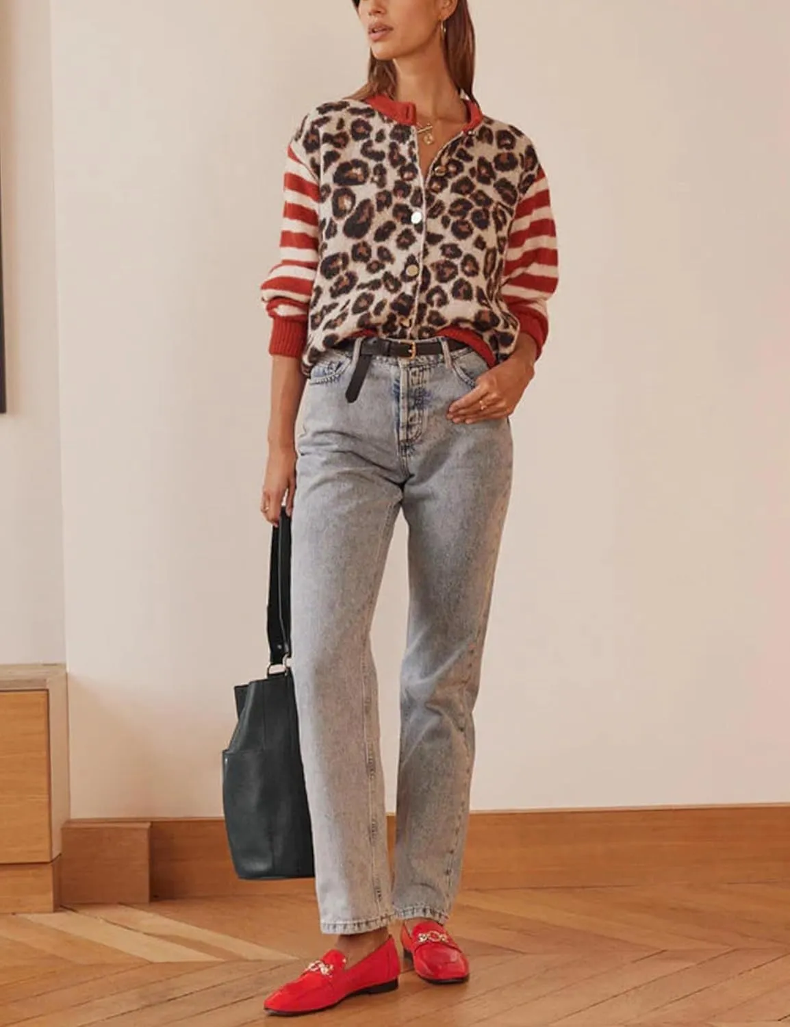 Women Leopard Striped Cardigans Cheetah Print Open Front Button Down Long Sleeve Knit Sweater Fall Outwear Coats