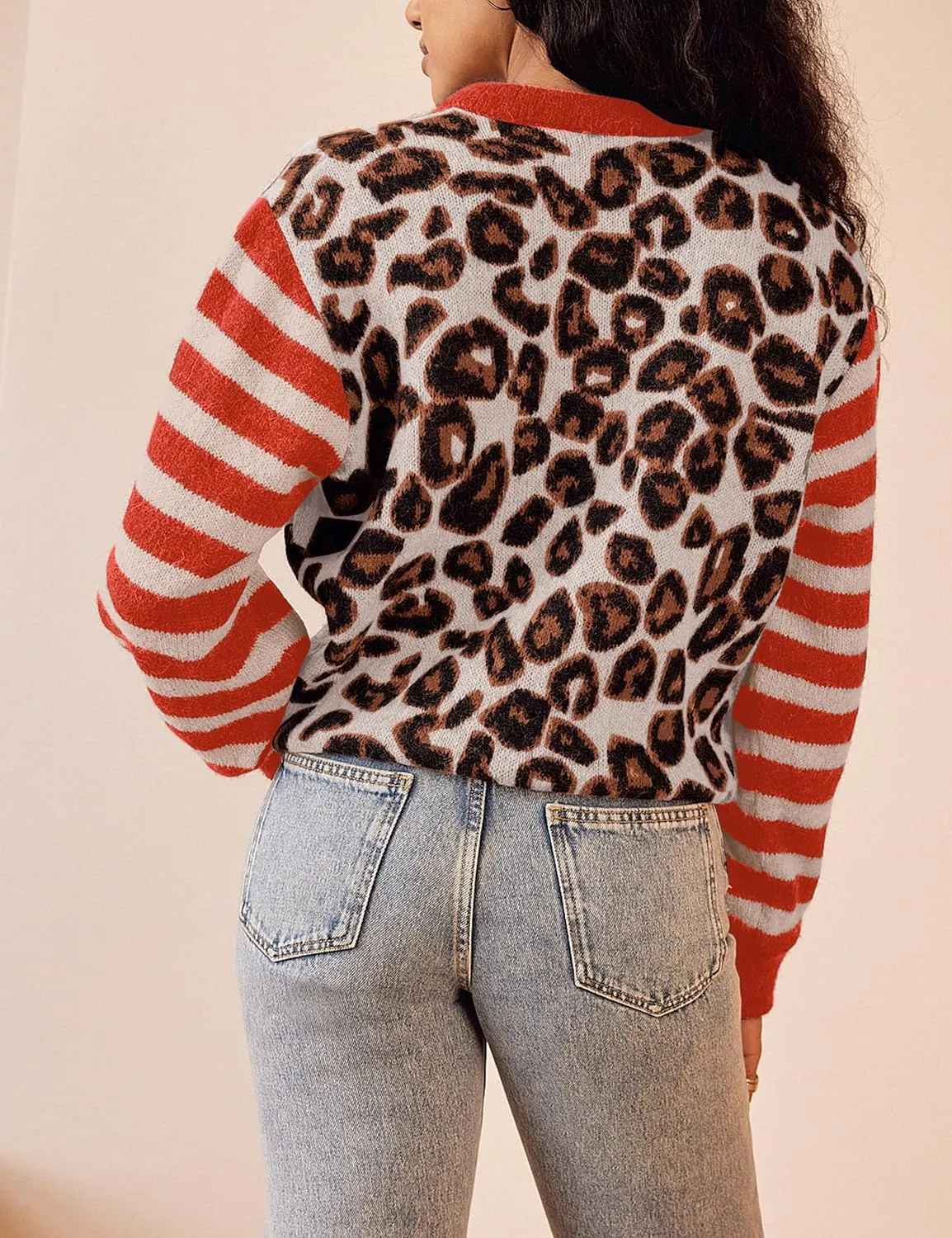 Women Leopard Striped Cardigans Cheetah Print Open Front Button Down Long Sleeve Knit Sweater Fall Outwear Coats