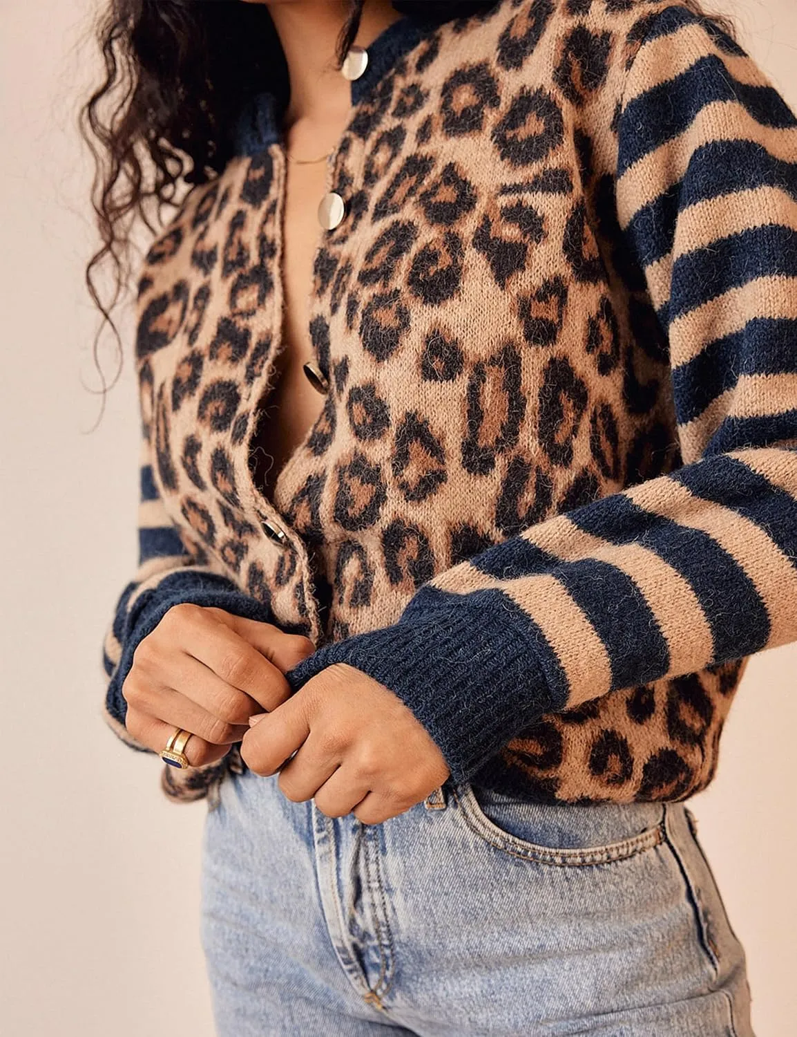 Women Leopard Striped Cardigans Cheetah Print Open Front Button Down Long Sleeve Knit Sweater Fall Outwear Coats