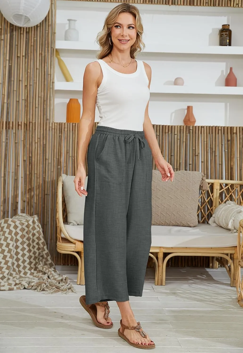 Women Linen Pants High Waist Wide Leg Pants Lightweight Comforts Summer Capri Pants Vacation Outfits for Women Girls