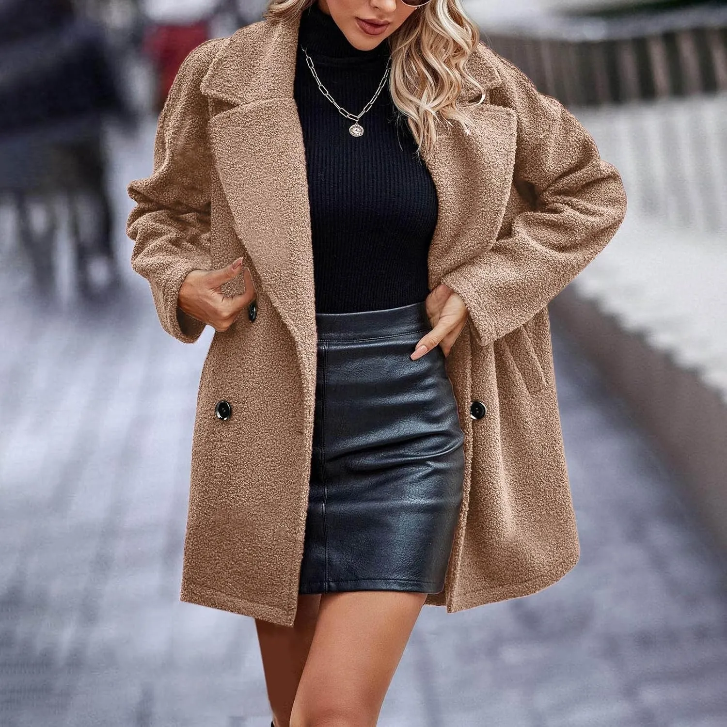 Women Long Sherpa Coat Fuzzy Faux Fur Trench Jackets Winter Fleece Button Cardigan With Pockets Oversized Coats