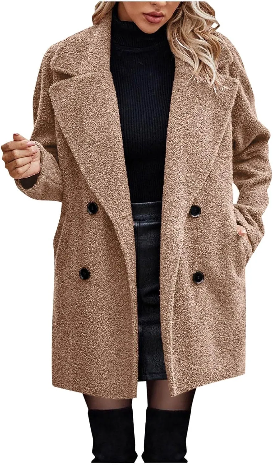 Women Long Sherpa Coat Fuzzy Faux Fur Trench Jackets Winter Fleece Button Cardigan With Pockets Oversized Coats