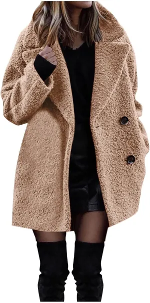 Women Long Sherpa Coat Fuzzy Faux Fur Trench Jackets Winter Fleece Button Cardigan With Pockets Oversized Coats