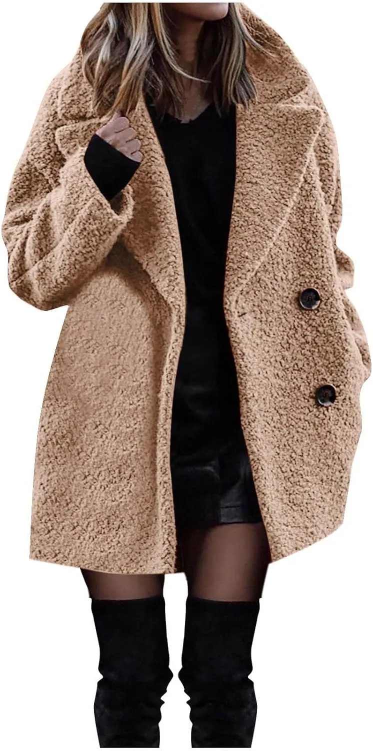 Women Long Sherpa Coat Fuzzy Faux Fur Trench Jackets Winter Fleece Button Cardigan With Pockets Oversized Coats