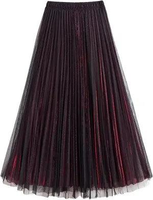 Women Mesh Layered Pleated A-Line Skirt Midi Skirt Elascity High Waist Party Skirt for Prom Ball Gown