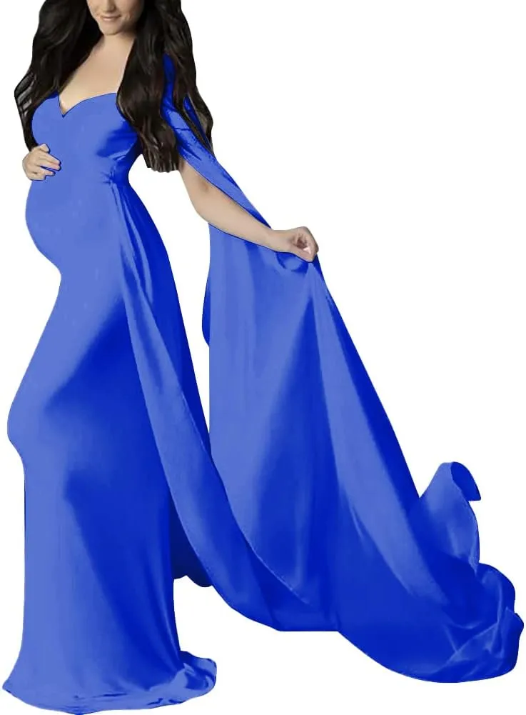 Women Off Shoulder Long Sleeve Maternity Dress Tulle Elegant Slim Fit Gown Baby Shower Photography Maxi Dress for Photo Shoot