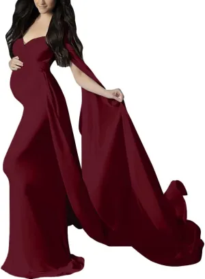 Women Off Shoulder Long Sleeve Maternity Dress Tulle Elegant Slim Fit Gown Baby Shower Photography Maxi Dress for Photo Shoot