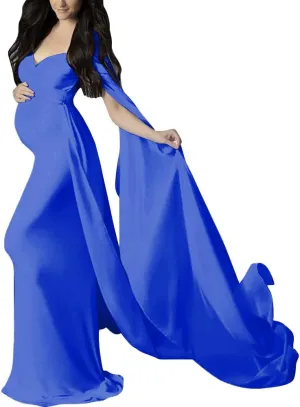 Women Off Shoulder Long Sleeve Maternity Dress Tulle Elegant Slim Fit Gown Baby Shower Photography Maxi Dress for Photo Shoot