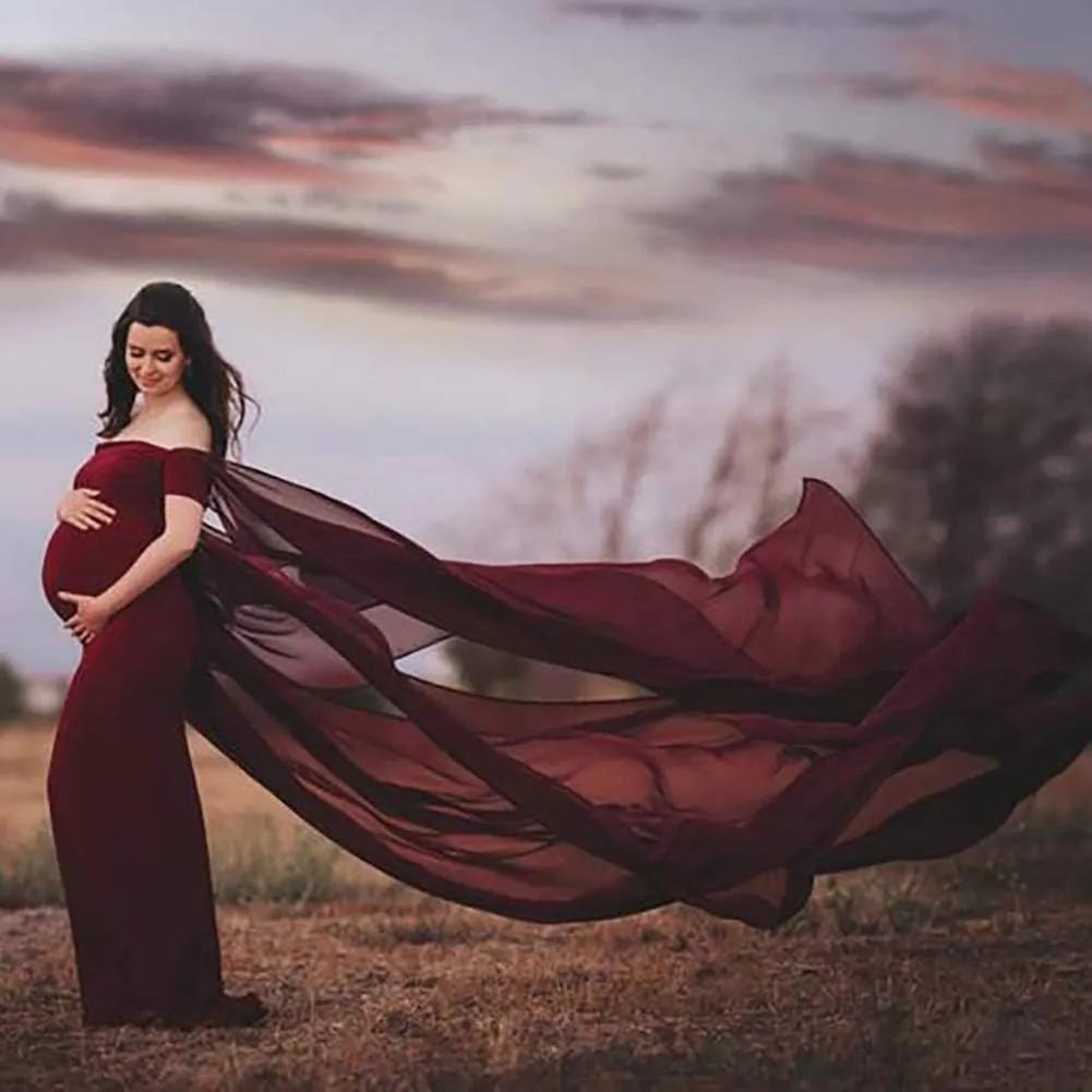 Women Off Shoulder Long Sleeve Maternity Dress Tulle Elegant Slim Fit Gown Baby Shower Photography Maxi Dress for Photo Shoot