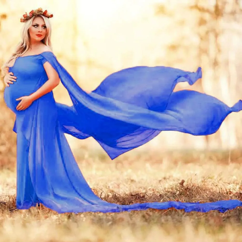 Women Off Shoulder Long Sleeve Maternity Dress Tulle Elegant Slim Fit Gown Baby Shower Photography Maxi Dress for Photo Shoot