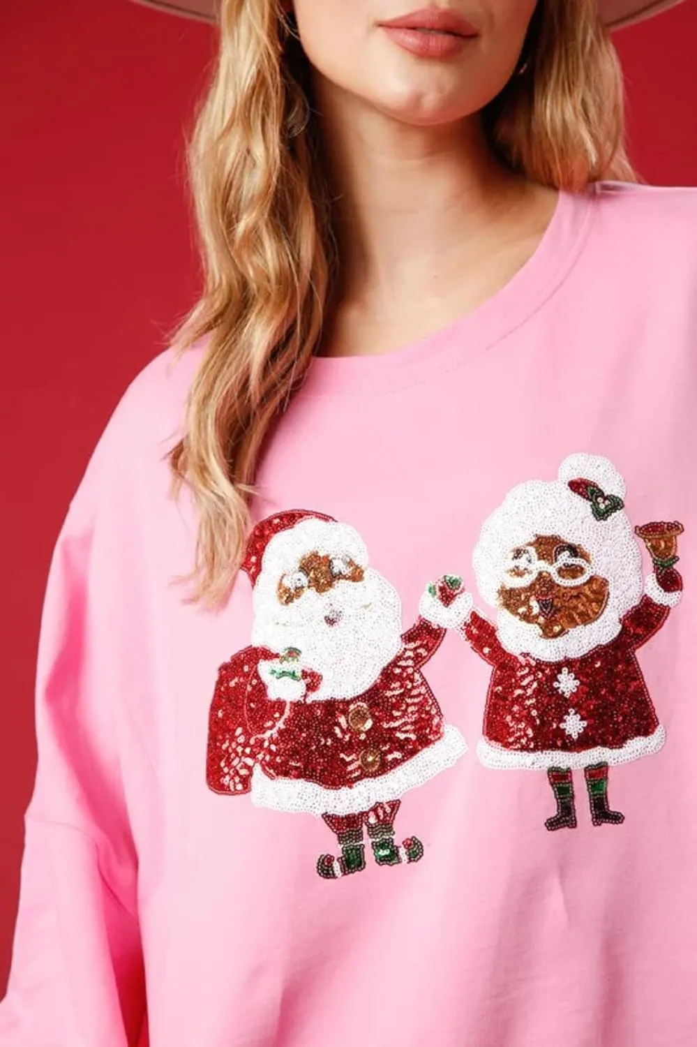Women Sequin Christmas Sweatshirts Cute Santa Print Long Sleeve Crew Neck Tops Oversized Xmas Pullover Top