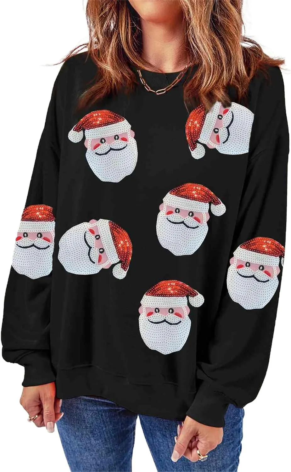 Women Sequin Christmas Sweatshirts Cute Santa Print Long Sleeve Crew Neck Tops Oversized Xmas Pullover Top