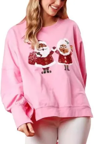 Women Sequin Christmas Sweatshirts Cute Santa Print Long Sleeve Crew Neck Tops Oversized Xmas Pullover Top