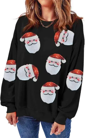 Women Sequin Christmas Sweatshirts Cute Santa Print Long Sleeve Crew Neck Tops Oversized Xmas Pullover Top