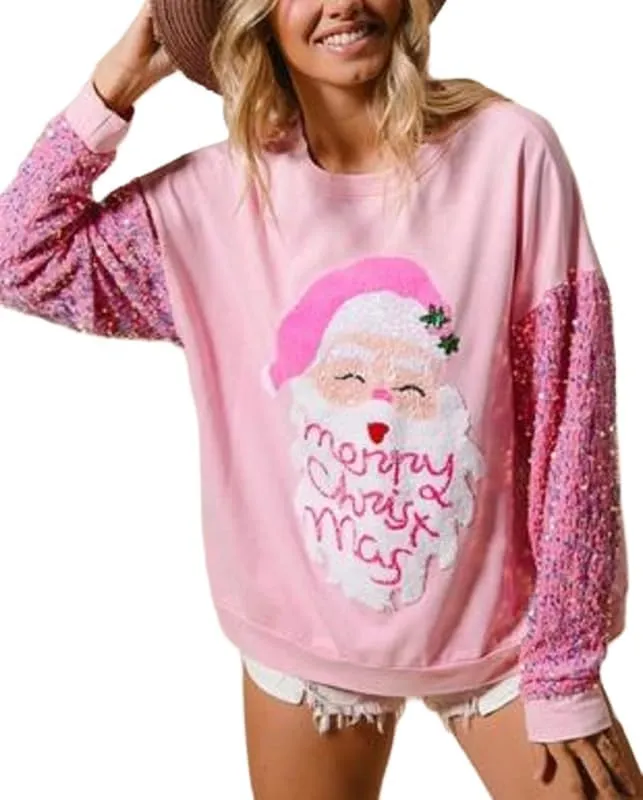 Women Sequin Christmas Sweatshirts Cute Santa Print Long Sleeve Crew Neck Tops Oversized Xmas Pullover Top