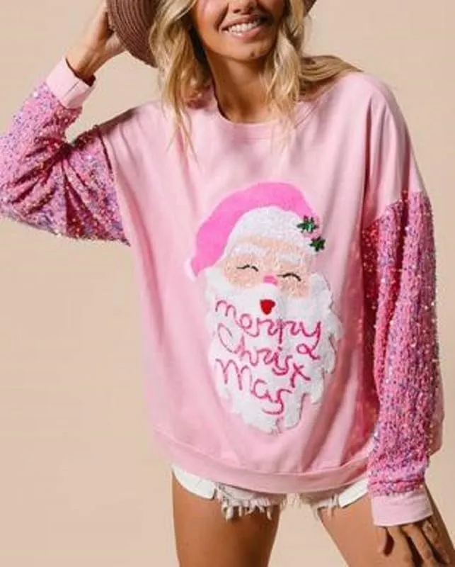 Women Sequin Christmas Sweatshirts Cute Santa Print Long Sleeve Crew Neck Tops Oversized Xmas Pullover Top