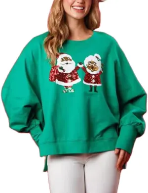 Women Sequin Christmas Sweatshirts Cute Santa Print Long Sleeve Crew Neck Tops Oversized Xmas Pullover Top