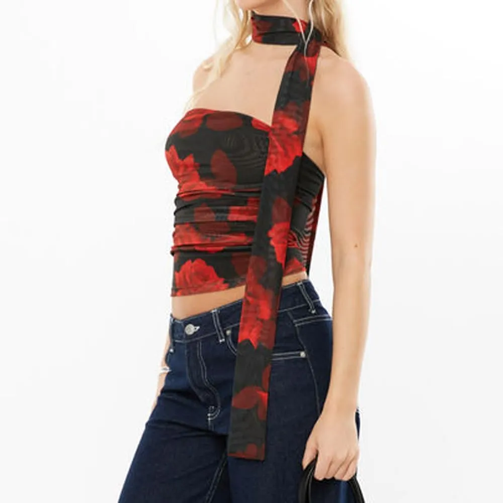 Women Sexy Floral Strapless Top Y2K Coquette Sleeveless Halter Tube Top with Scarf Vintage Going Out Cami Tank Top