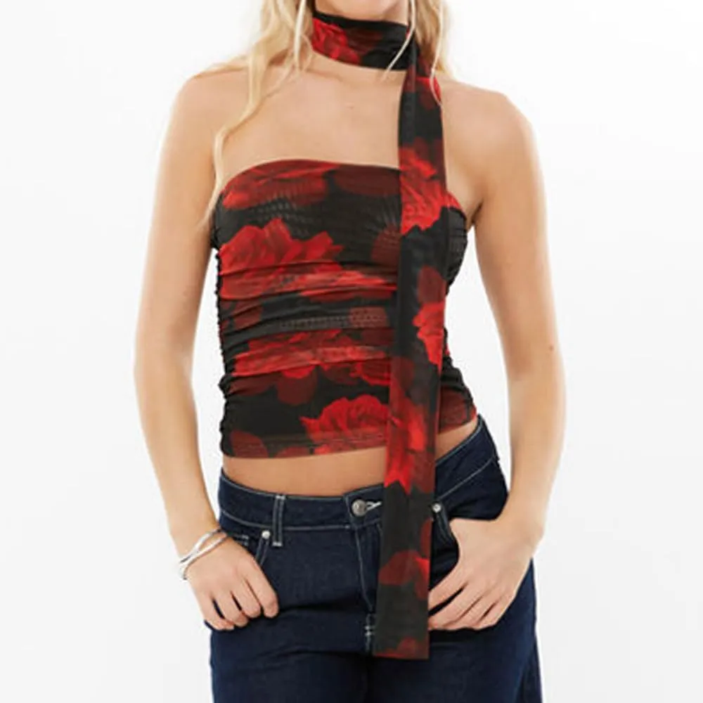 Women Sexy Floral Strapless Top Y2K Coquette Sleeveless Halter Tube Top with Scarf Vintage Going Out Cami Tank Top