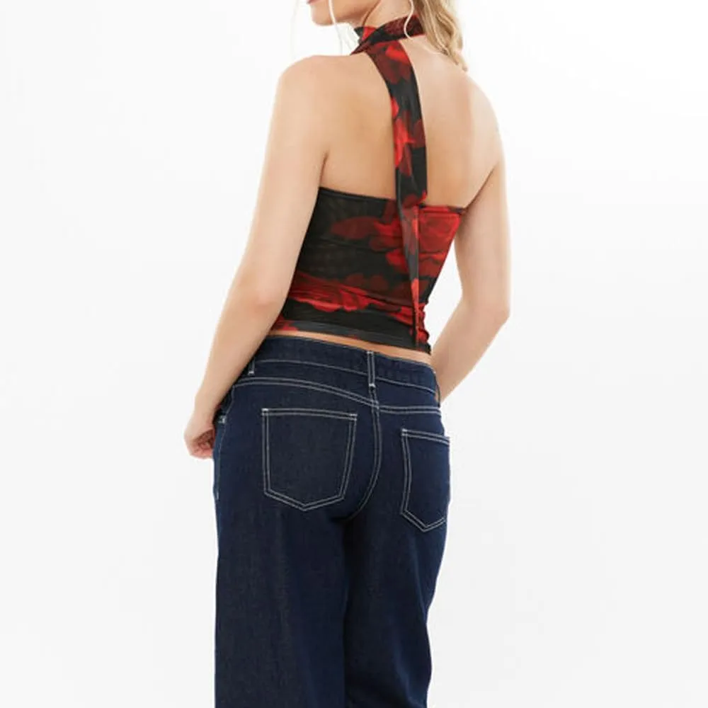 Women Sexy Floral Strapless Top Y2K Coquette Sleeveless Halter Tube Top with Scarf Vintage Going Out Cami Tank Top